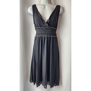 Womens Max Studio Black and White Polka Dot‎ Lacy Midi Dress M -V  neck